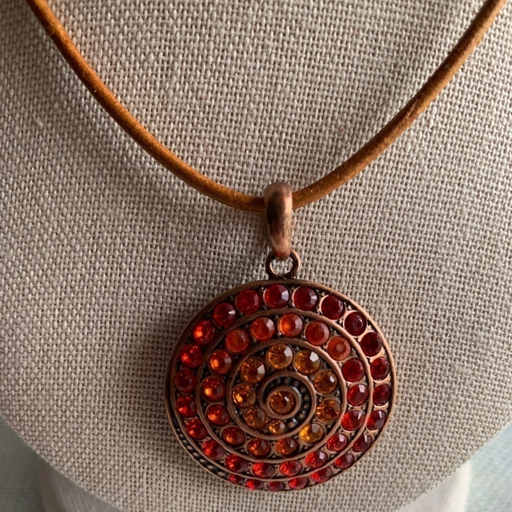 Vintage Red/Orange Crystal Round Metal Pendant on Brown Leather Necklace
